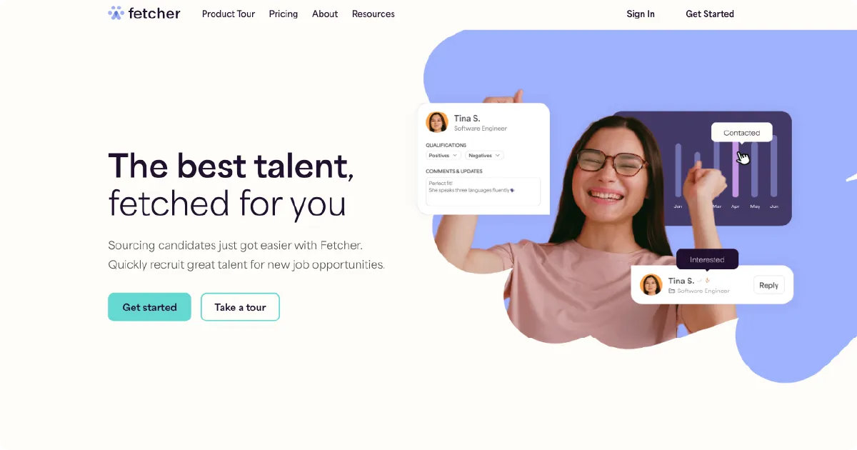 Fetcher homepage presenting AI-powered recruitment tool for sourcing top talent efficiently