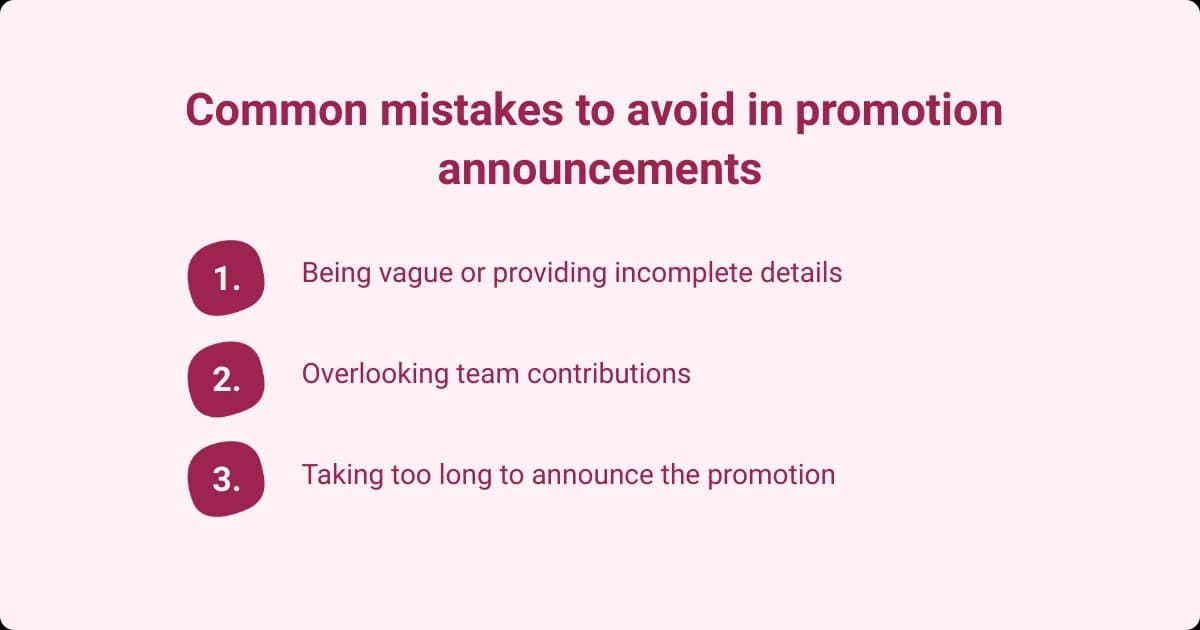 An Infographic on common promotion announcement mistakes, including vague details, overlooking team contributions, and delayed announcements.