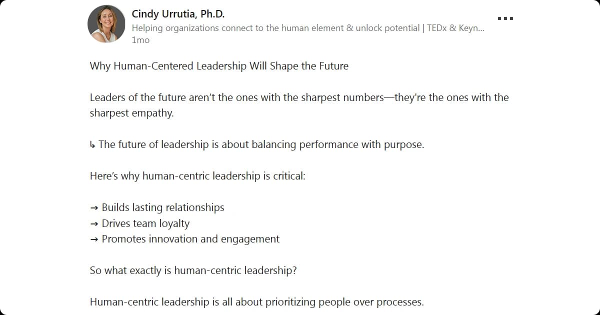 Post by Cindy Urrutia highlighting human-centered leadership trends in the workplace