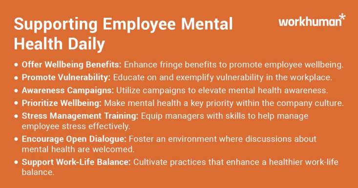 Strategies for supporting employee mental health daily, including benefits and training