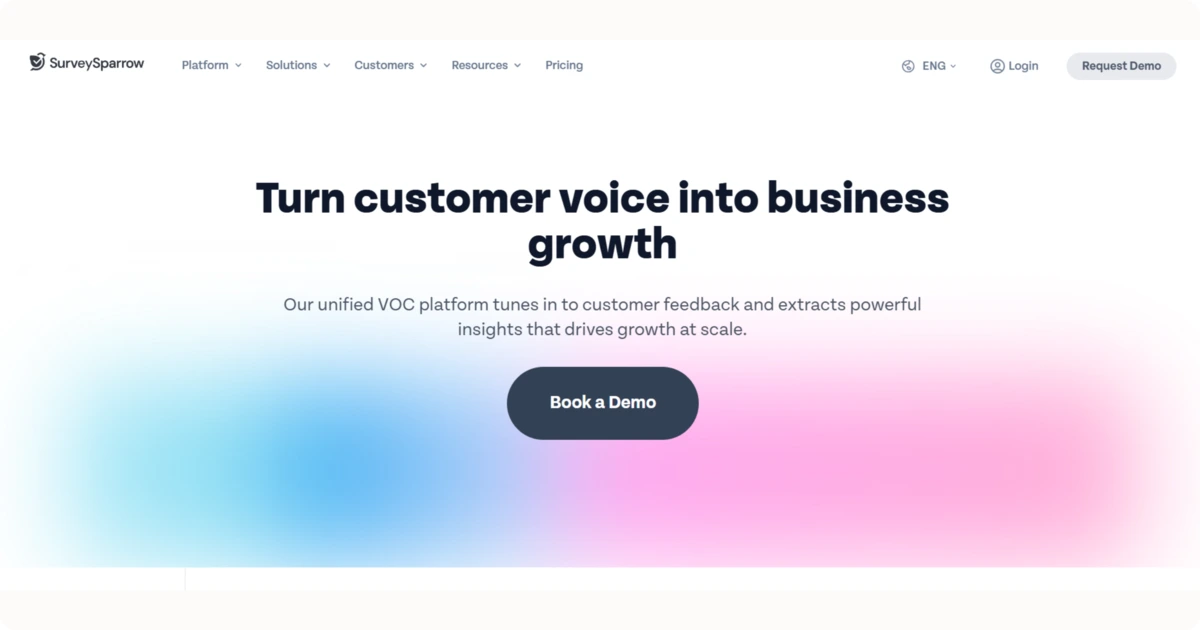 SurveySparrow homepage displaying customer feedback tools and insights to drive business growth.