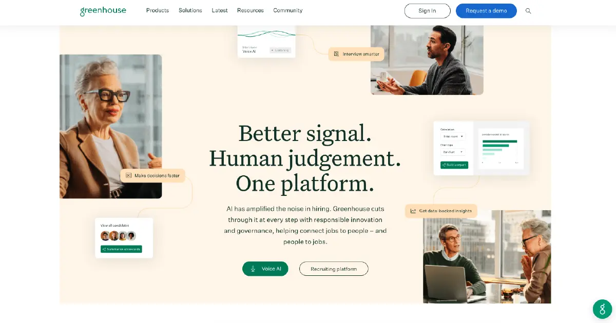 Greenhouse homepage showing its recruiting platform, Voice AI, candidate insights, and workplace conversations.
