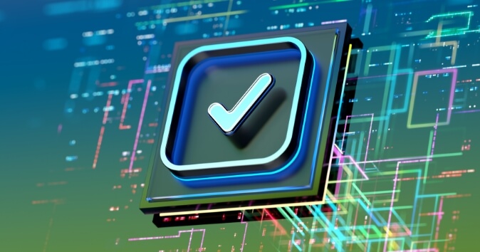 A stylized checkmark icon is prominently displayed against a vibrant, abstract background featuring colorful digital elements and geometric patterns. The checkmark has a three-dimensional, glossy appearance with a blue outline, suggesting a sense of completion or affirmation. The backdrop is a blend of varying shades of green and blue, enhanced with colorful lines and shapes that create a modern, tech-inspired aesthetic.