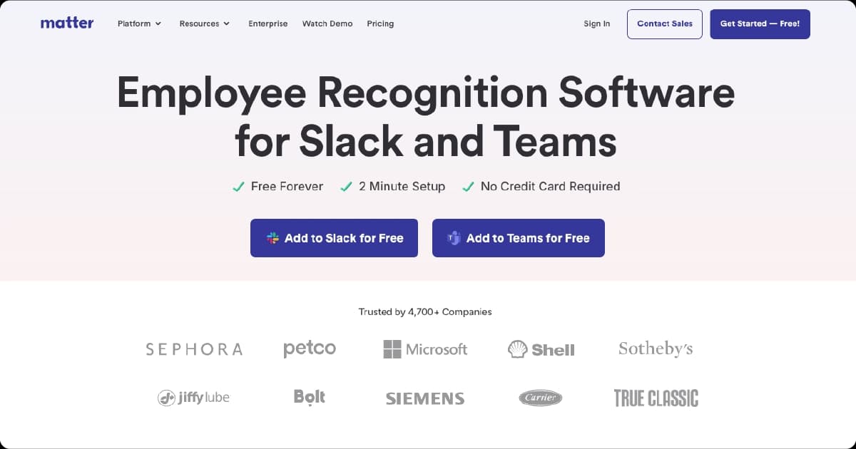 Matter employee recognition software homepage
