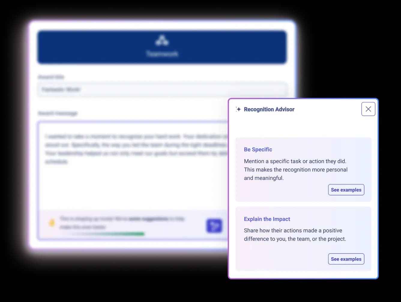 A digital recognition award interface titled "Teamwork Whisper" displays an award labeled "Fantastic Work!" along with a detailed message acknowledging an individual's dedication and leadership during tight deadlines. The interface also includes helpful tips for personalized recognition, emphasizing the importance of being specific in acknowledgment and explaining the positive impact of actions taken.