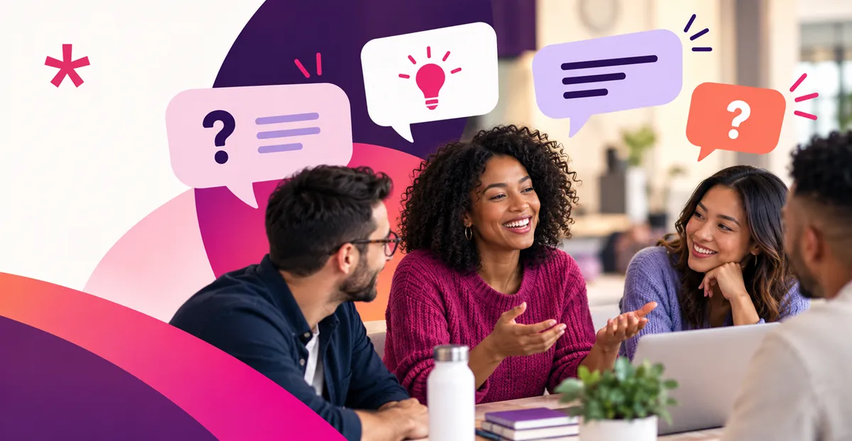 Four people are seated around a table, thinking of the best question of the day for work. One person, wearing a pink sweater, is animatedly speaking and gesturing with their hands. Speech bubbles above them contain icons of a light bulb, question marks, and text lines. The background features abstract shapes in shades of pink and purple. A laptop and a water bottle are visible on the table.