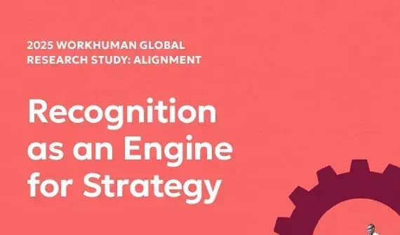 A vibrant graphic featuring the title "2025 Workhuman Global Research Study: Alignment" at the top. Below it, the bold phrase "Recognition as an Engine for Strategy" is showcased prominently. In the background, several cogs and gears create a dynamic visual effect, interspersed with images of people engaging in conversation and collaboration. The Workhuman logo is displayed at the bottom, reinforcing the company’s branding. The overall design is modern and professional, emphasizing the importance of recognition in organizational strategy.