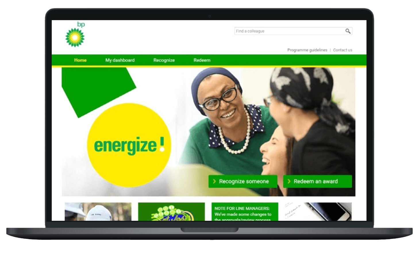 desktop view of employee recognition landing page for Energize