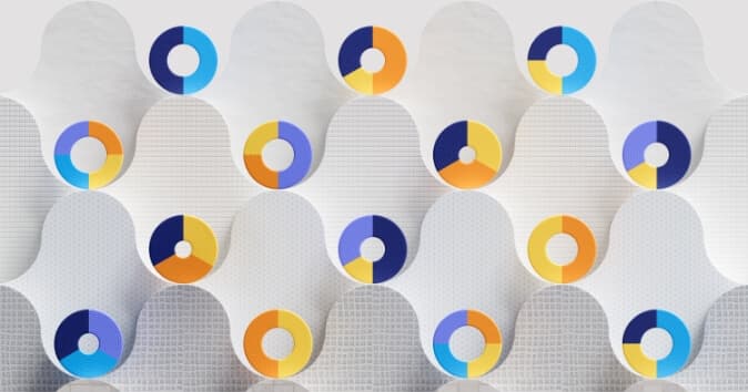 Data charts on a grid of curved shapes