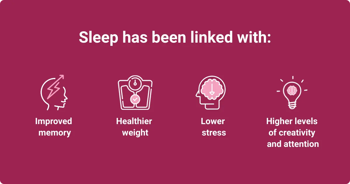 Icons represent the benefits of sleep, including improved memory, healthier weight, lower stress, and higher levels of creativity and attention.
