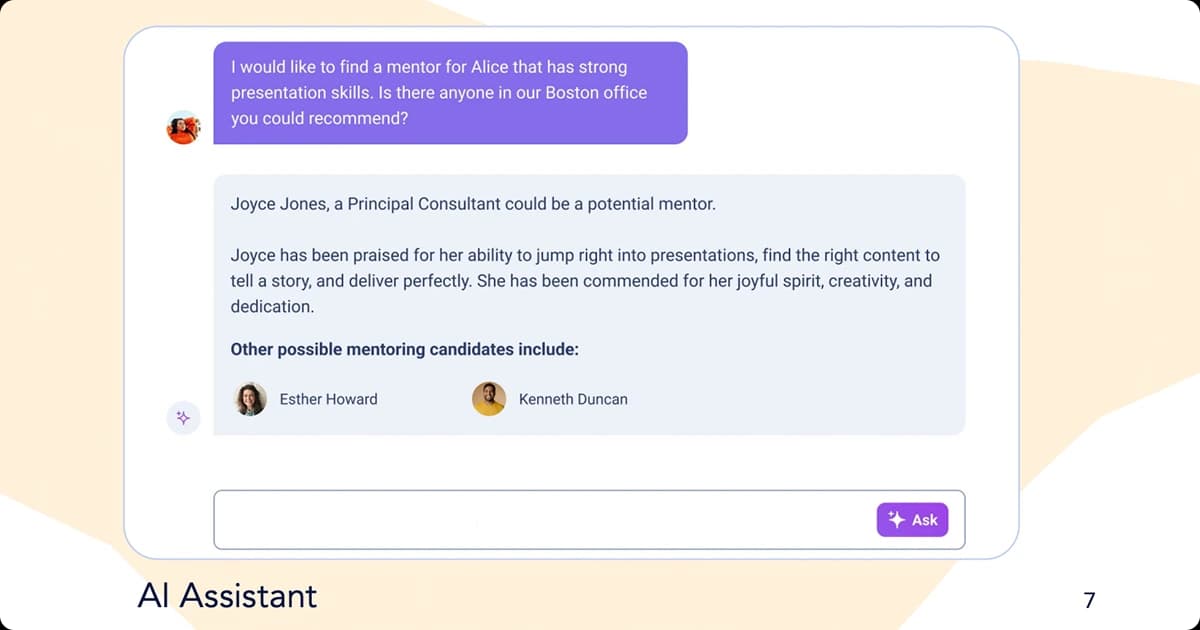 Workhuman AI Assistant suggests mentors based on strong presentation skills in a conversational interface.