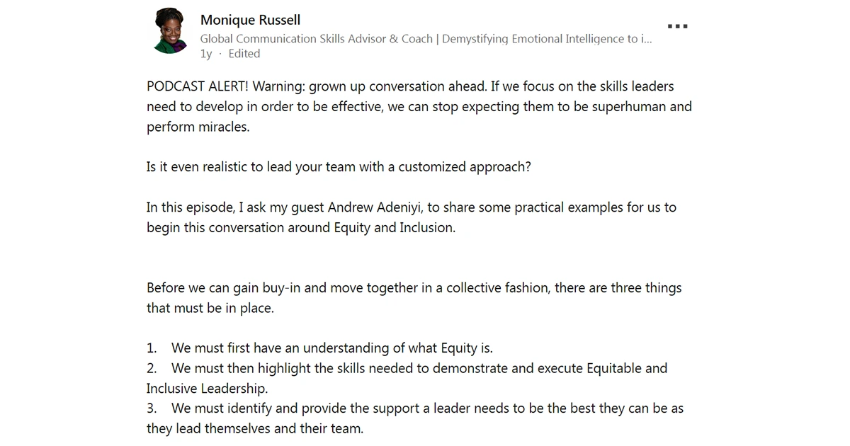 Monique Russell’s podcast post on equity, inclusion, and leadership customization.