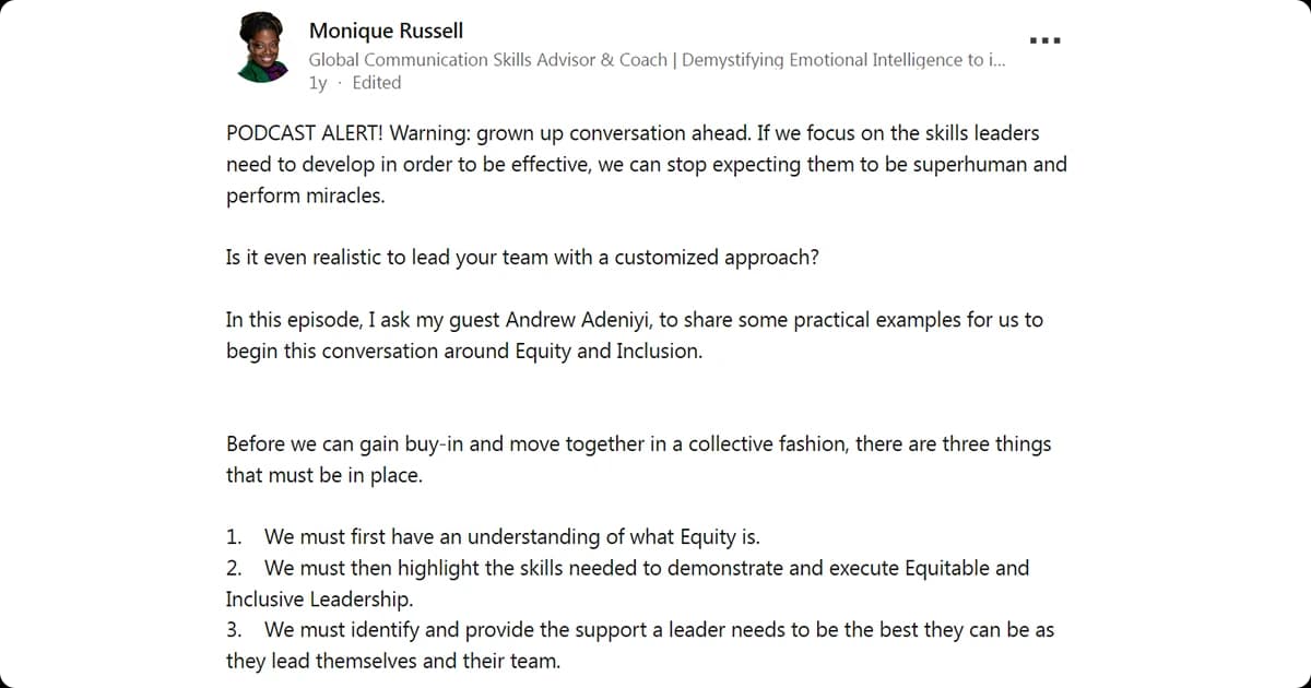 Monique Russell’s podcast post on equity, inclusion, and leadership customization.