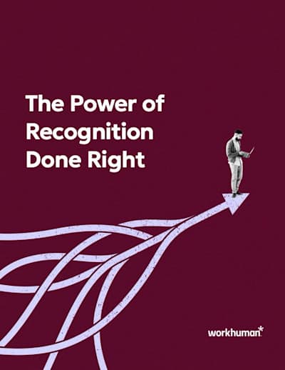 A cover image featuring the text "The Power of Recognition Done Right" along with the Workhuman logo. In the foreground, a small figure stands on an upward-pointing arrow, symbolizing progress. The background is a deep maroon color, and abstract lines flow around the arrow, suggesting a dynamic movement related to recognition.