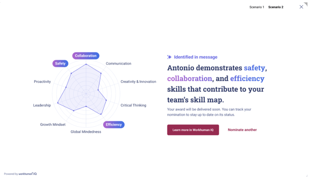 A people manager wants to nominate Antonio for an award. When crafting the message, the manager views a snapshot of the qualities (safety, collaboration, and efficiency) that Antonio regularly demonstrates.