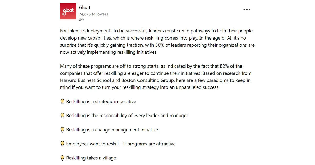 Gloat-s post emphasizing reskilling strategies for leaders in the AI-driven workforce.