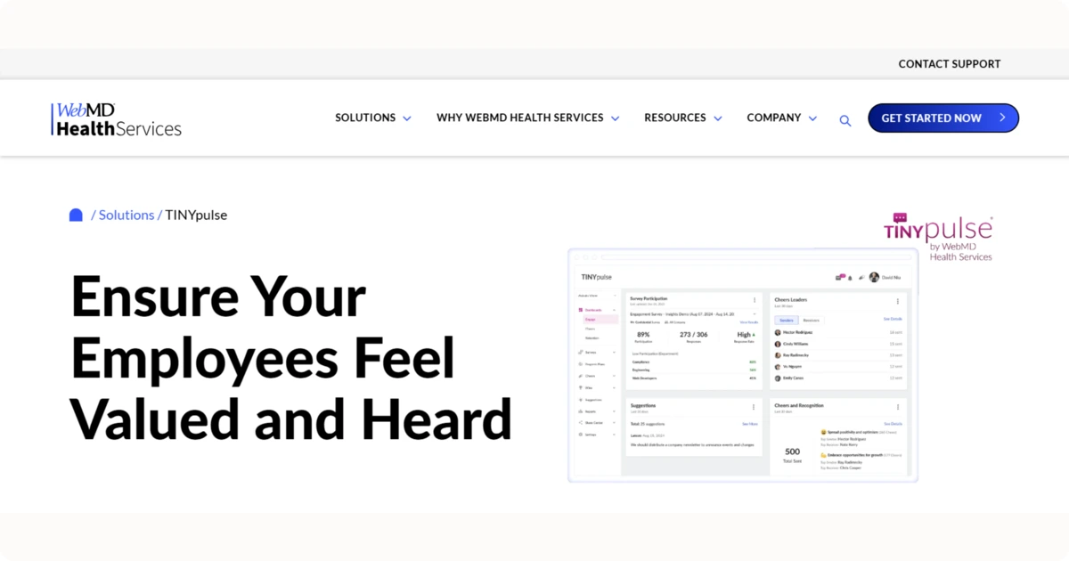 TINYpulse homepage displaying tools to ensure employees feel valued through feedback and recognition.