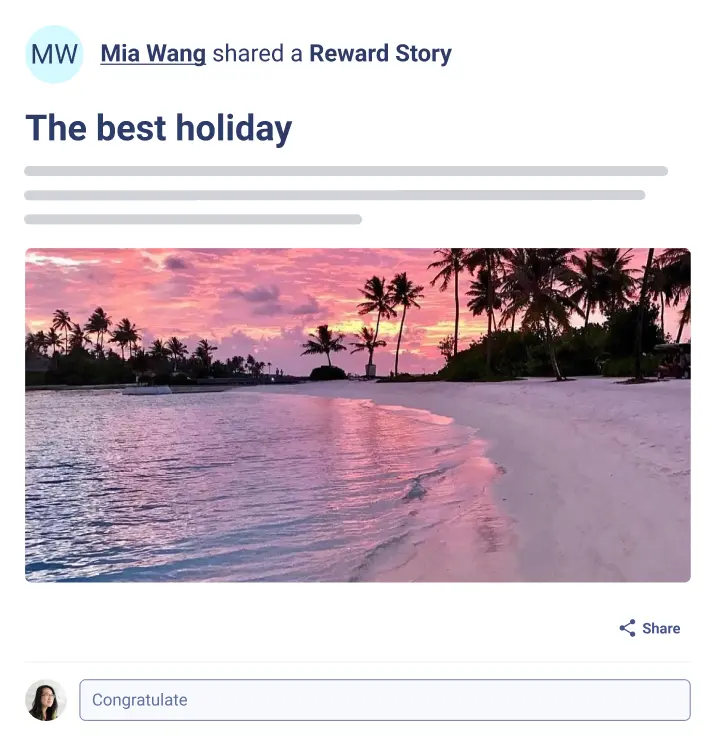 A Reward Story post from Mia Wang highlights a family holiday experience at a Maldives resort. The post features a sunset view of the beach with palm trees silhouetted against the colorful sky, expressing excitement about redeeming points for this memorable trip. Below the image, there are options to like, share, and congratulate Mia on her experience.