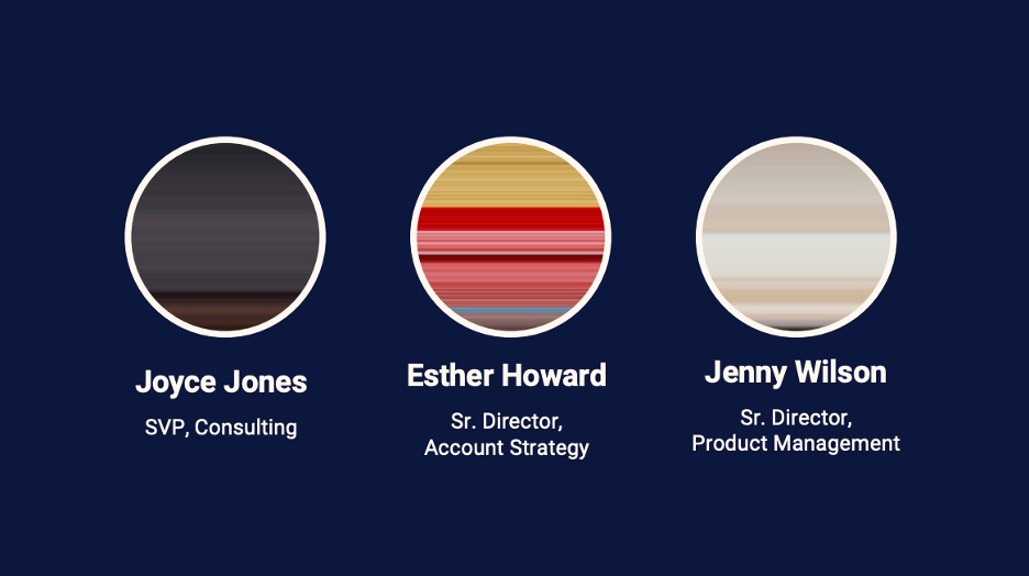 3 employee profile pictures with names and titles underneath each