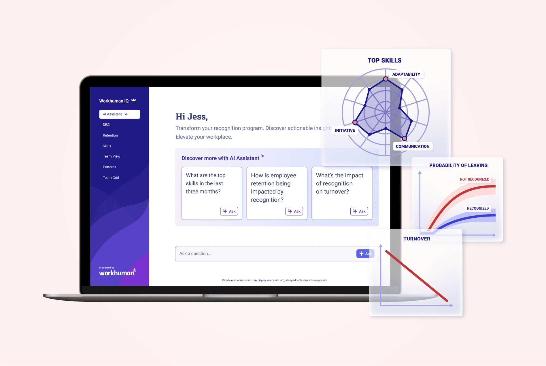 A laptop screen displays the Workhuman iQ interface with a greeting that says "Hi Jess," inviting users to transform their recognition program. The screen showcases various insights, including a radar chart highlighting top skills like Adaptability, Initiative, and Communication. There are three question prompts regarding skills and employee retention, along with visual graphs depicting the probability of leaving and turnover trends. The interface is user-friendly and emphasizes actionable insights for workplace enhancement.