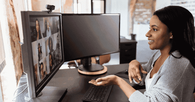 woman in virtual team-building meeting