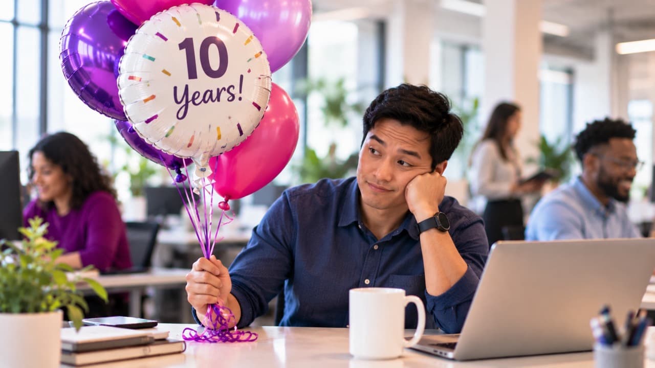 An disappointed employee gets only a balloon to celebrate working for the same company for ten years