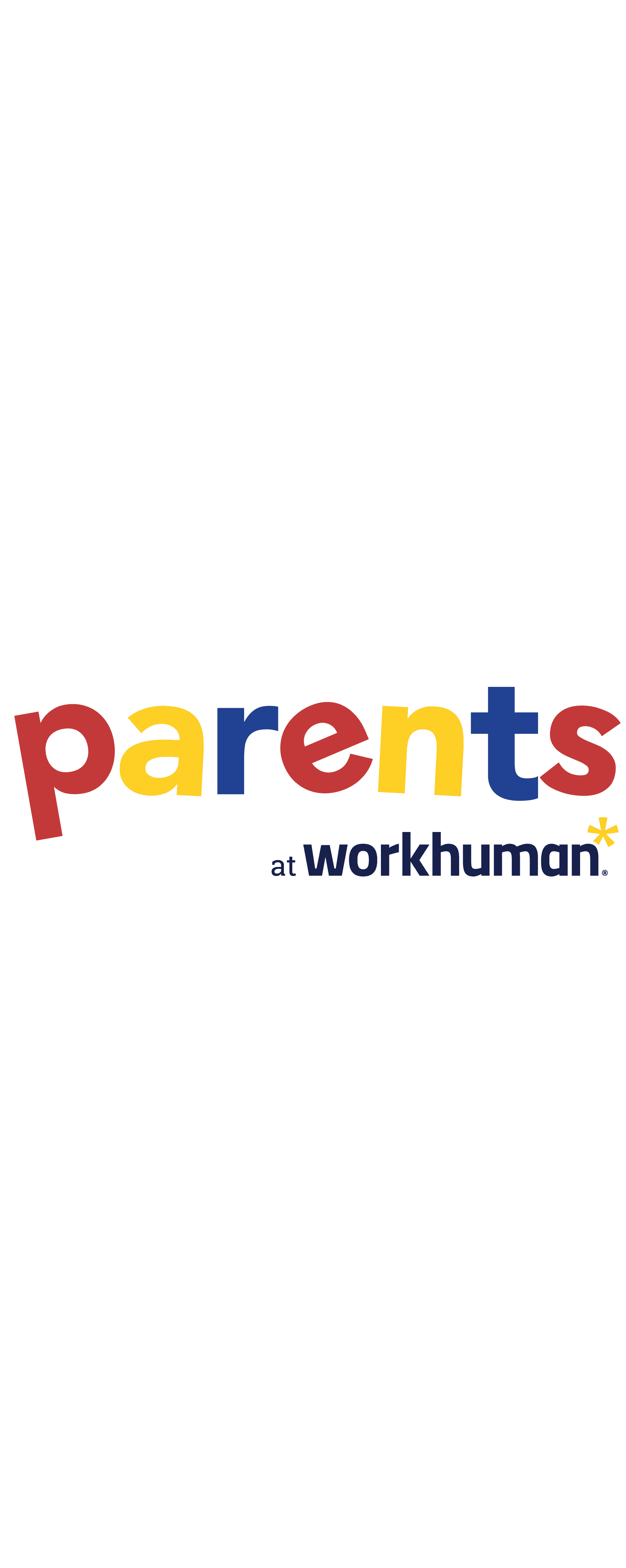 Parents at Workhuman logo featuring the word ‘parents’ in playful red, yellow, and blue lowercase letters, and the words ‘at Workhuman’ in dark blue below, with a yellow asterisk symbol at the end.