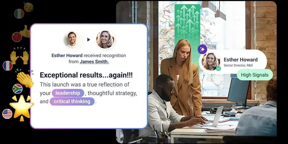 A woman named Esther Howard is shown receiving recognition from James Smith. The message highlights her exceptional results, praising her leadership, thoughtful strategy, and critical thinking. In the background, a man is working on a laptop at a desk, while a woman in a tan blazer stands nearby, engaged in conversation with him. The setting appears to be a modern office with large windows and greenery visible outside.