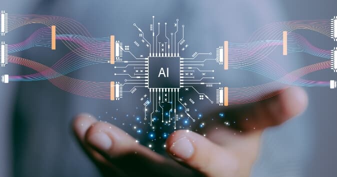A hand with AI chip imposed in the foreground.