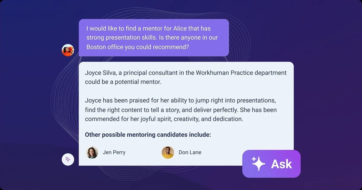 Workhuman AI Assistant matches mentors and mentees instantly using real-time data.