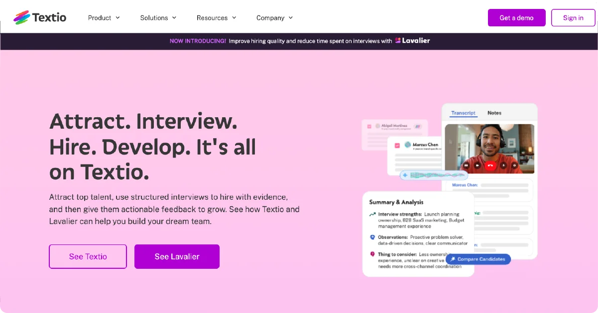 Textio homepage showing hiring and employee development tools, interview transcripts, and candidate analysis.
