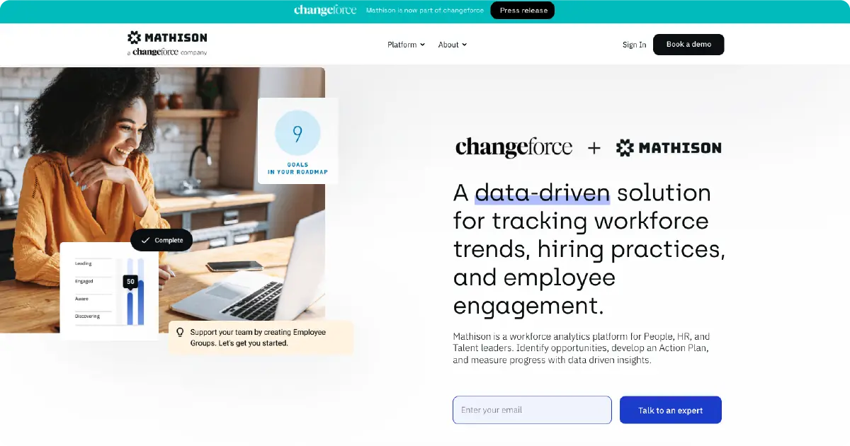 Mathison homepage featuring workforce analytics, hiring practices, employee engagement, and Changeforce branding.