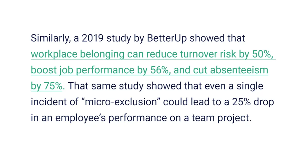 BetterUp study showing the benefits of workplace belonging on turnover, job performance, and absenteeism