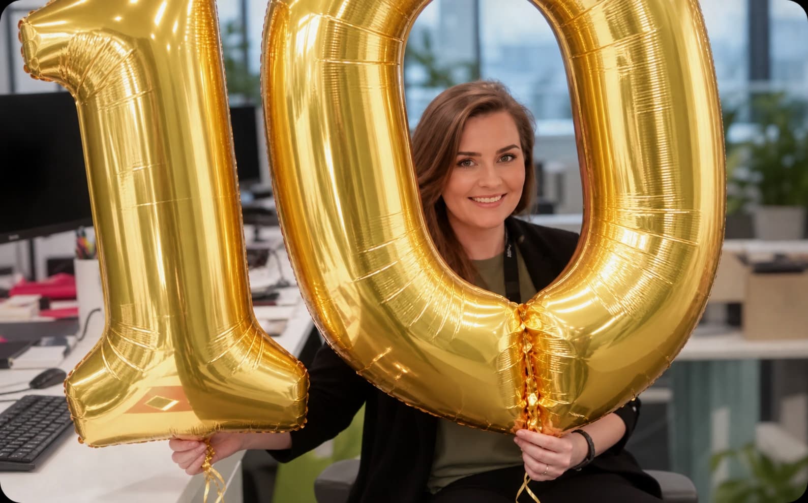 A person is smiling and holding large gold balloons that display the number "10". They are situated at a desk with various items in the background, including a computer and a box. The environment appears to be informal, suggesting a celebratory atmosphere.