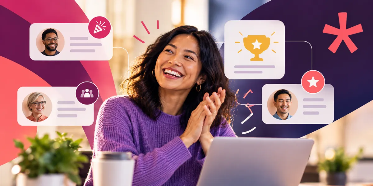 A person with long, wavy hair is smiling while seated at a desk with a laptop in front of them. Surrounding the individual are colorful graphic elements, including speech bubbles with heads of two other people, a trophy icon, and a burst shape. A potted plant is visible in the foreground, along with a cup.