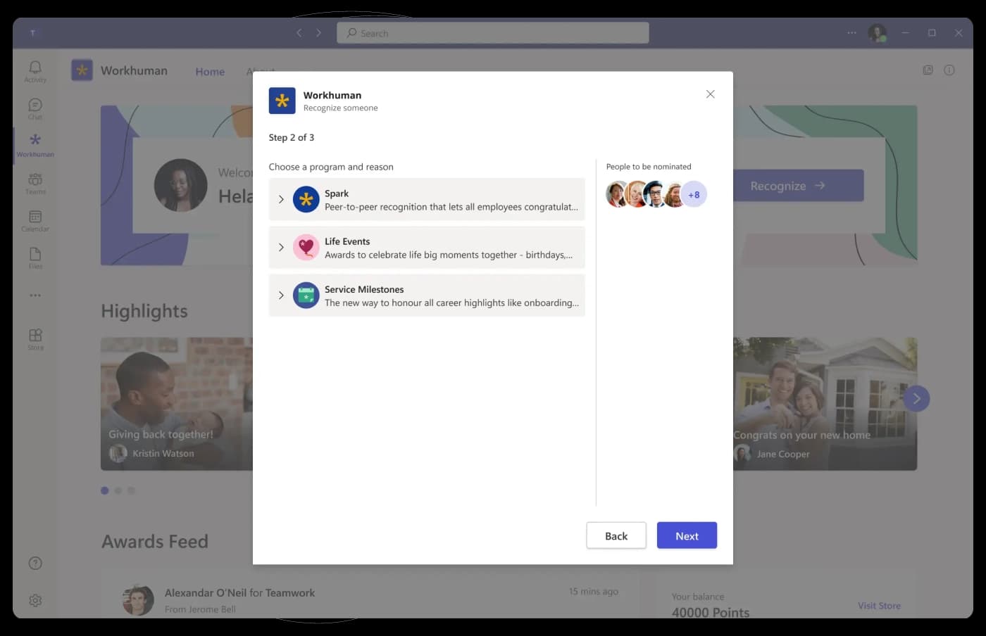 Product screenshot showing step 2 of the recognition process in Microsoft Teams: choosing a program, Spark, Life Events or Service Milestones