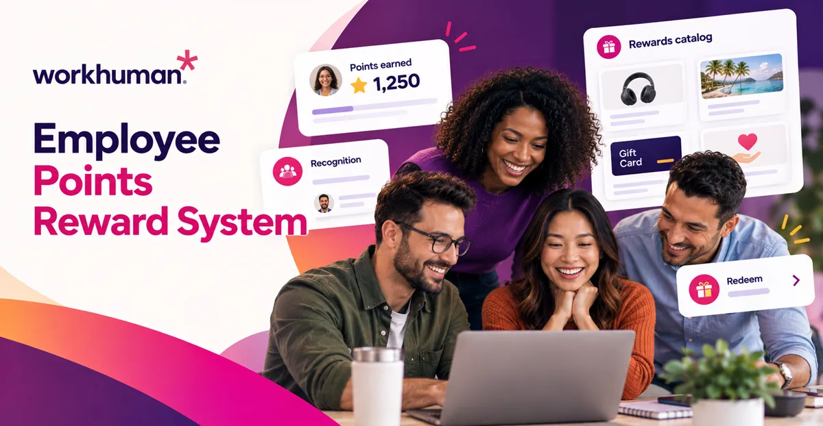 Four people are gathered around a laptop, engaging with the screen. Text accompanying the image highlights "workhuman," "Employee Points Reward System," and indicates "Points earned 1,250," along with options for "Recognition," "Rewards catalog," and "Redeem." The scene features a bright, colorful background that enhances the overall theme of employee rewards.
