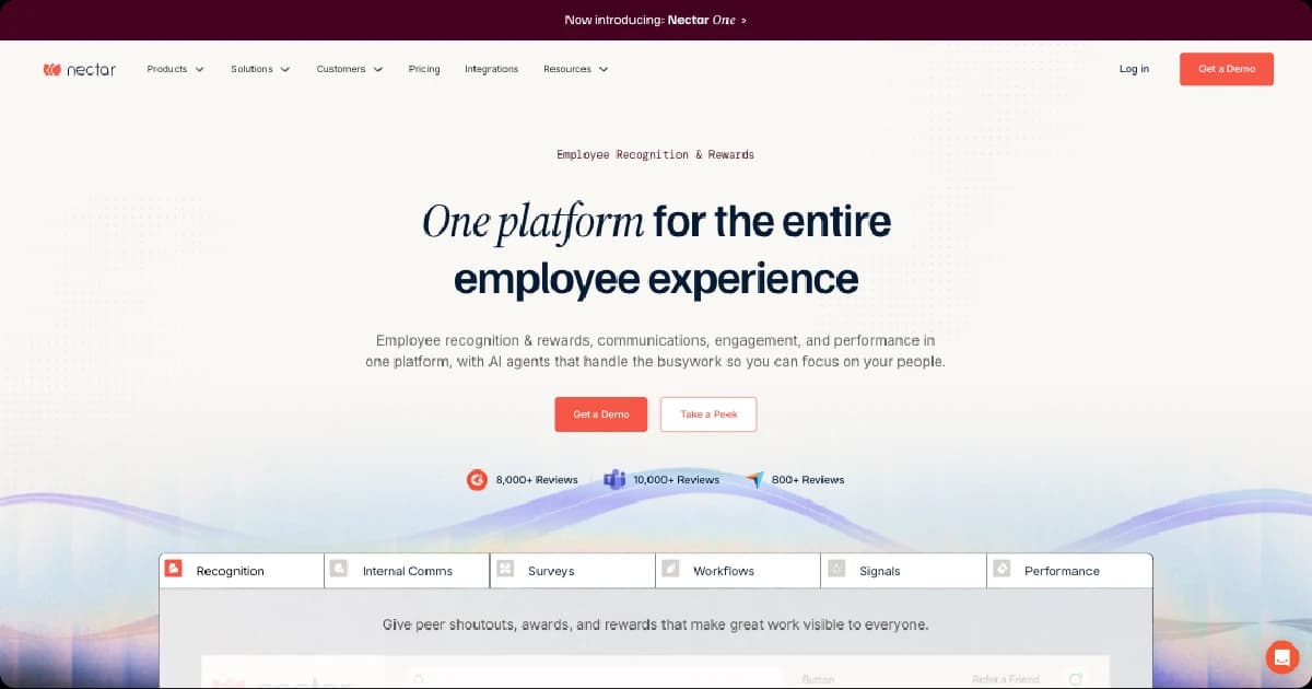 Nectar homepage showcasing an employee recognition and rewards platform for engagement, communication, and performance.