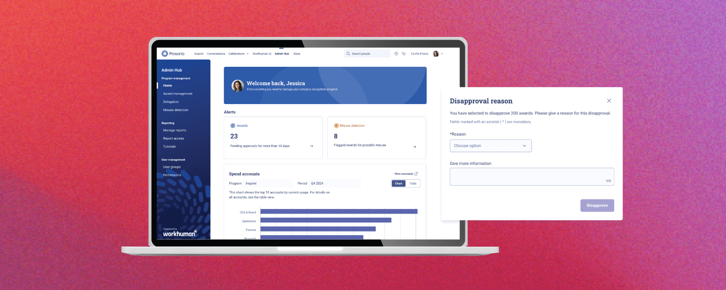 A computer screen displays the Workhuman Admin Hub interface with a vibrant pink background. The left panel contains navigation options like "Award management," "Delegation," and "User management." The main section shows a greeting message that says, "Welcome back, Jessica," with alerts indicating 23 awards pending approval and 8 flagged for misuse. A pop-up on the right side asks for a reason to disapprove 200 awards, with fields to select reasons and provide additional information. Graphical elements indicate spend accounts over specific periods, including a chart showing the top 10 accounts by current usage.