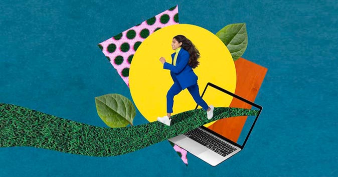 Women running wearing suits and some graphics are added in the background