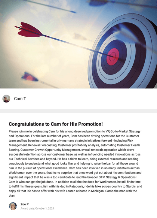 A spark message congratulating Cam on his promotion
