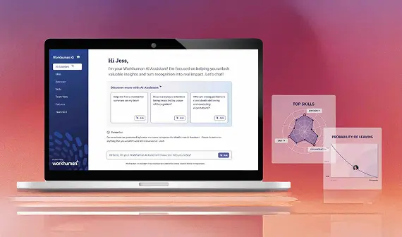 A laptop screen displays a Workhuman interface featuring a message that reads, "Hi Jess, I'm your Workhuman Assistant! I'm focused on helping you unlock valuable insights..." The screen also includes options to explore topics related to skills and potential employee retention, along with two small cards labeled "TOP SKILLS" and "PROBABILITY OF LEAVING," displaying graphical data. The background has a gradient from pink to purple, adding vibrancy to the image.
