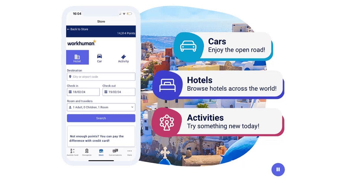 The user interface of a mobile app displays travel booking options, reflecting an employee of the month program reward.