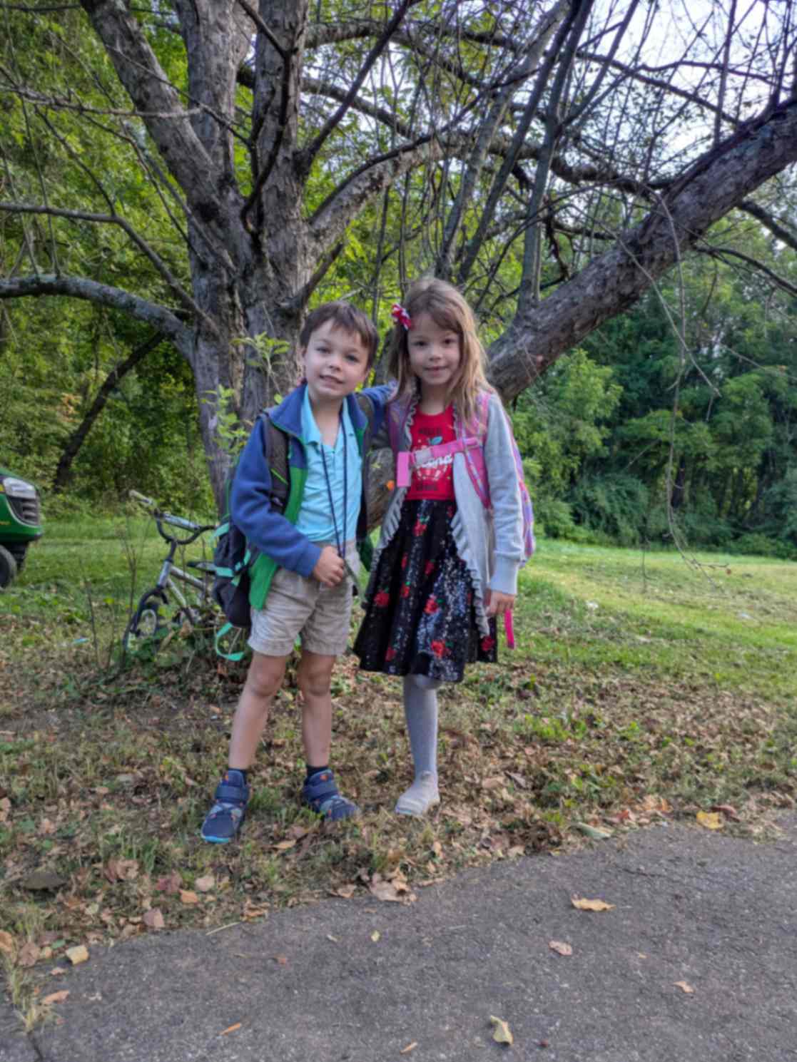 Two children stand together outdoors in front of a large tree. The boy on the left wears a light blue shirt, shorts, and blue shoes, while the girl on the right is dressed in a pink top with a black skirt decorated with flowers and gray tights. They both smile at the camera, and a bicycle can be seen in the background alongside grass and fallen leaves.