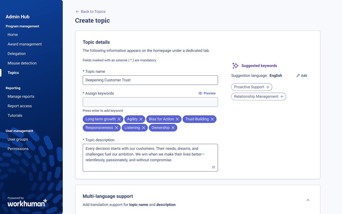 topics creation page