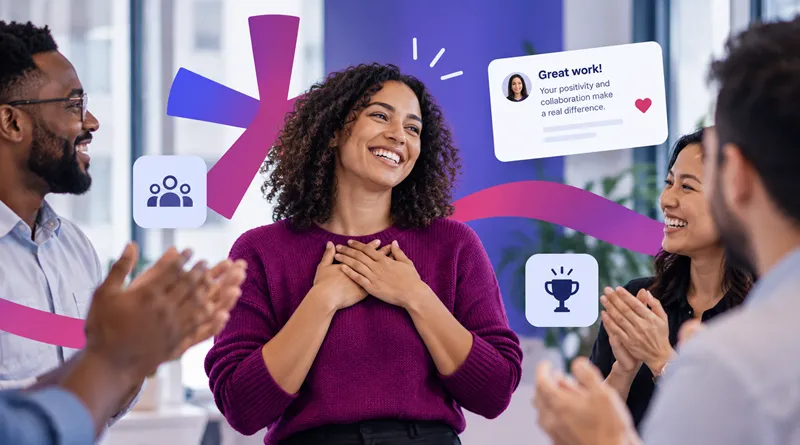 A group of four peers are gathered in a bright, modern office space. A woman in a purple sweater stands smiling and clasping her hands over her heart after receiving recognition, while the others, two men and a woman, are applauding her. Speech bubbles above them include the text, "Great work! Your positivity and collaboration make a real difference," alongside icons representing teamwork and recognition.