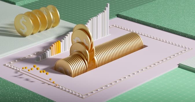 A 3D illustration depicting gold coins stacked and arranged on a geometric surface. The scene features a tall stack of coins on the left, a cylindrical formation of coins in the center, and a rising bar graph in the background. Small yellow blocks are placed in the foreground, contributing to the financial theme of growth and accumulation.