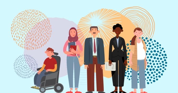 A diverse group of five individuals stands together against a light blue background decorated with colorful abstract patterns. From left to right, there is a young boy in a wheelchair wearing a red shirt, an adult woman with a headscarf holding a notebook, a middle-aged man in a suit, a woman in business attire holding a document, and a young woman in casual clothes.