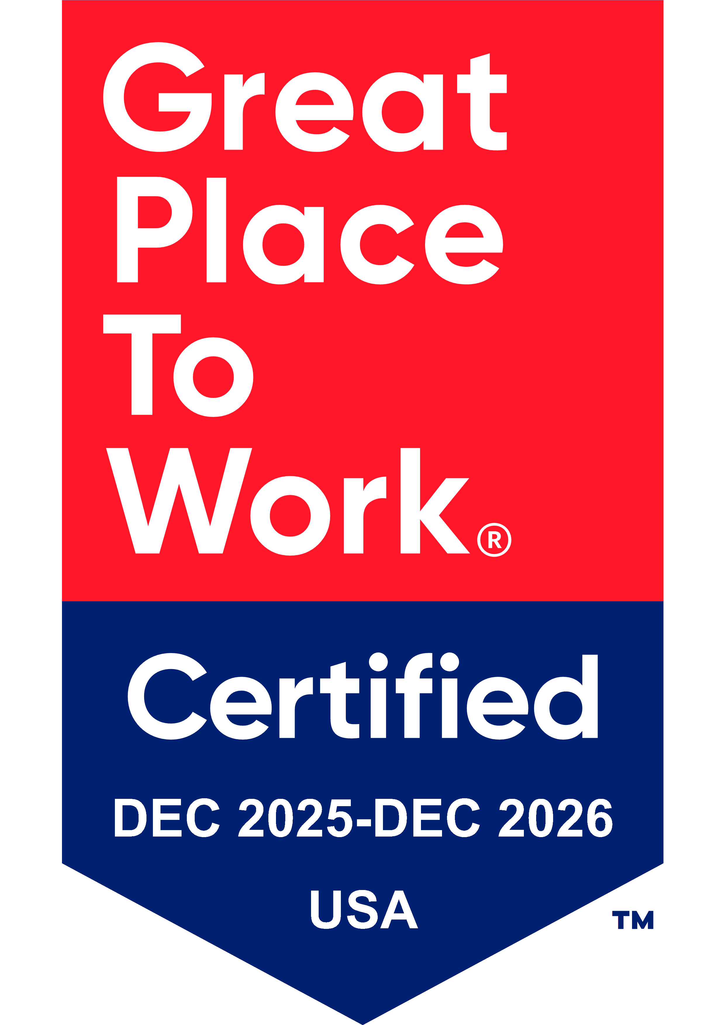 Red and blue badge with white text, stating "Great Place To Work Certified, Dec 2025-Dec 2026, USA." It conveys a sense of achievement.