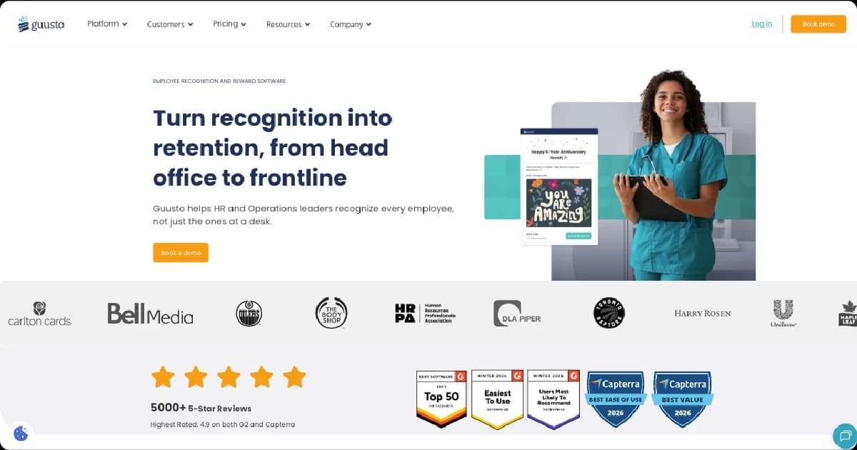 Guusto homepage featuring employee recognition and rewards software alongside a healthcare worker.